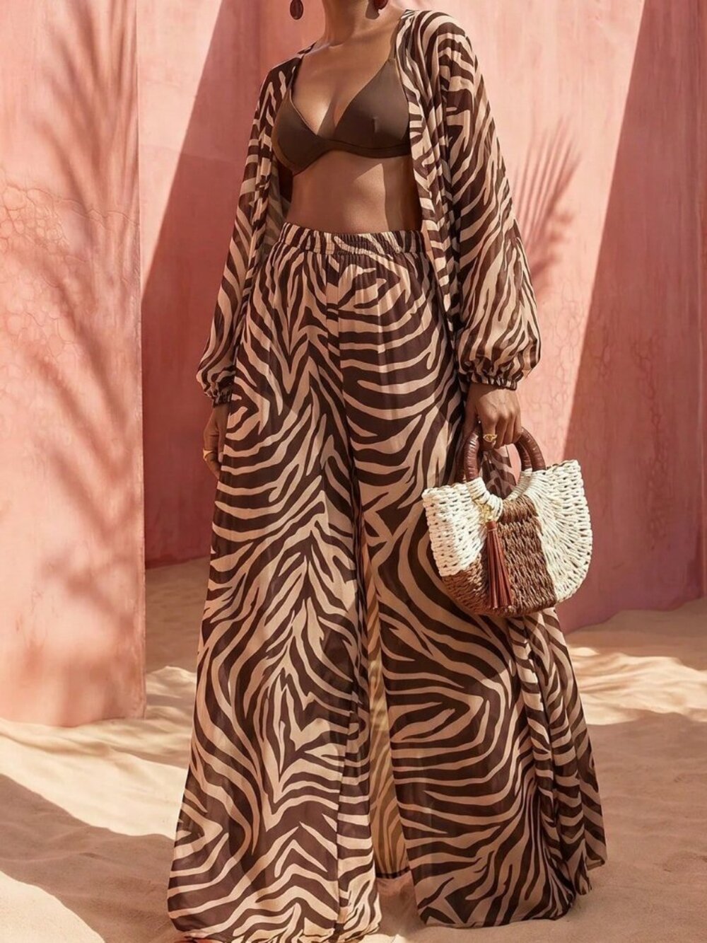 Brown Zebra Print Women's Lantern Sleeve Kimono Cover Up & Wide Leg Pants Set - Picture 3 of 9